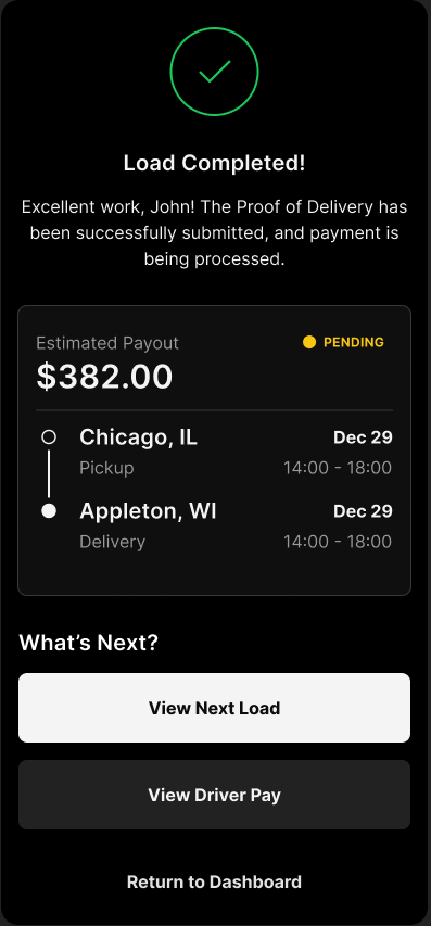 Load completed screen with estimated payout