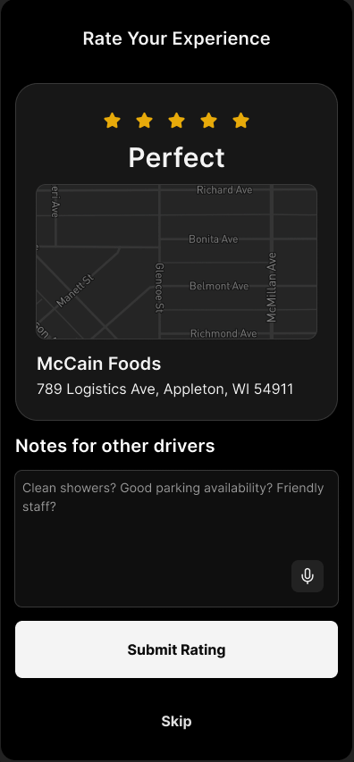 Facility rating screen with notes for other drivers