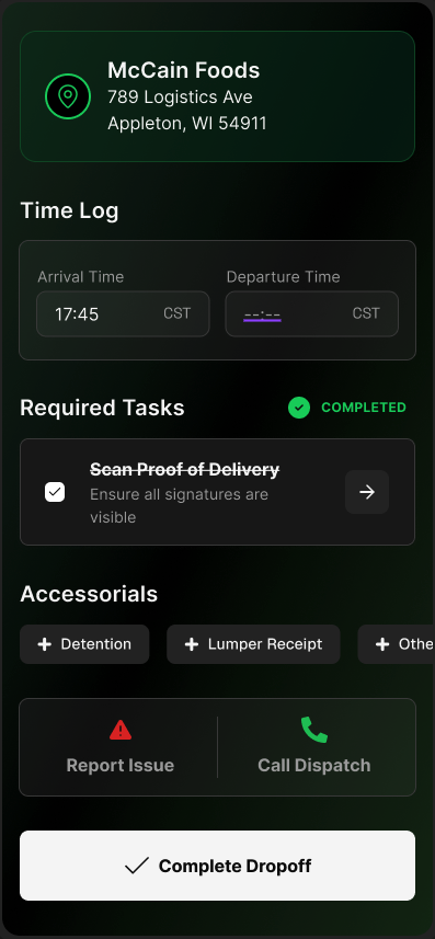 Dropoff stop with completed proof of delivery scan