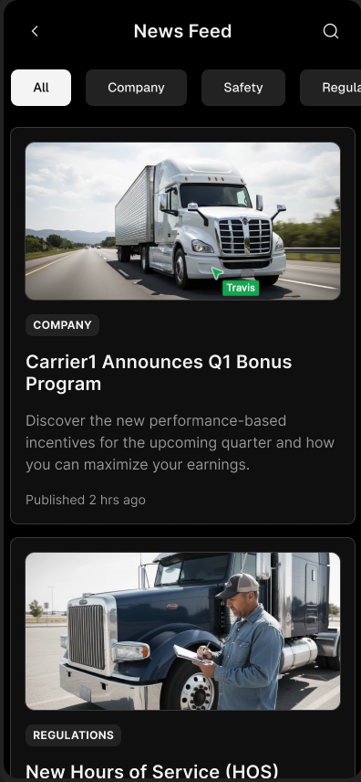 Driver news feed with company and safety updates