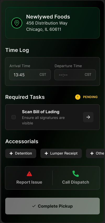 Pickup stop with time log, required tasks and accessorials