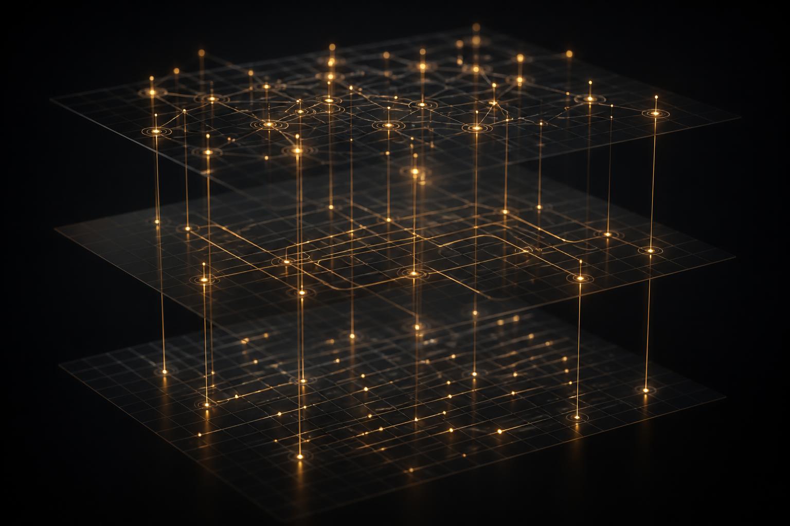 Abstract visualization of three connected network layers linked by glowing gold pathways